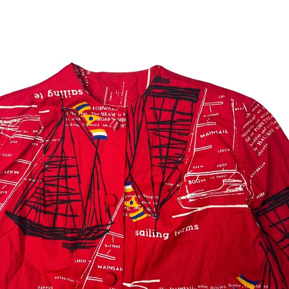 Vintage 1960s Sailing AOP Button Up Crewneck Jacket Top Union Made Red Womens 36 - Picture 3 of 7